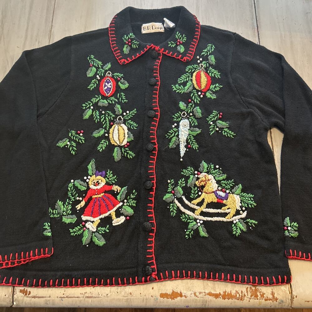 BP Designs Beaded Embroidered Christmas Ornaments Cardigan Sweater Sz L Grandma